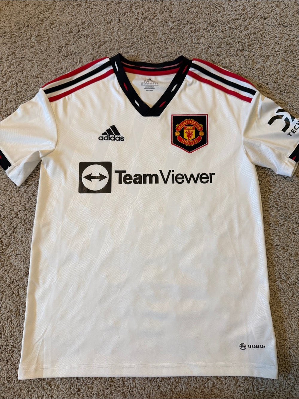 adidas Kids White Manchester United Away Football Jersey with Red & Black Trim
